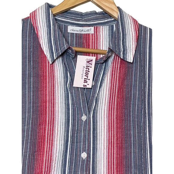 NWT Keren Hart Womens Striped Short Sleeve Shirt Large Red/Blue Cotton Button - Picture 2 of 16
